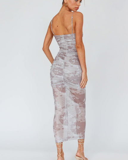 Sand Strapless Ruched Midi Dress Print