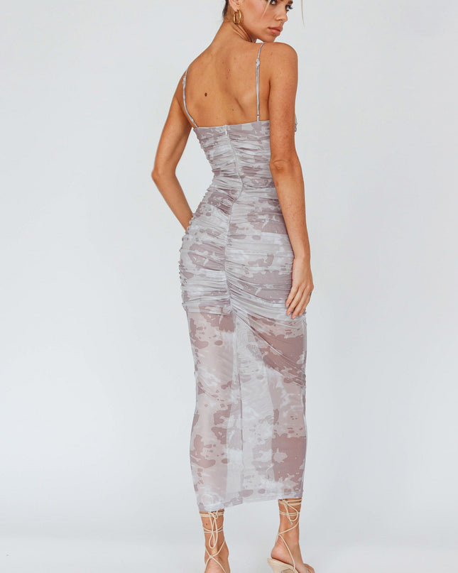 Sand Strapless Ruched Midi Dress Print