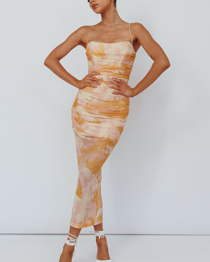 Yellow Cami Strap Midi Dress Floral