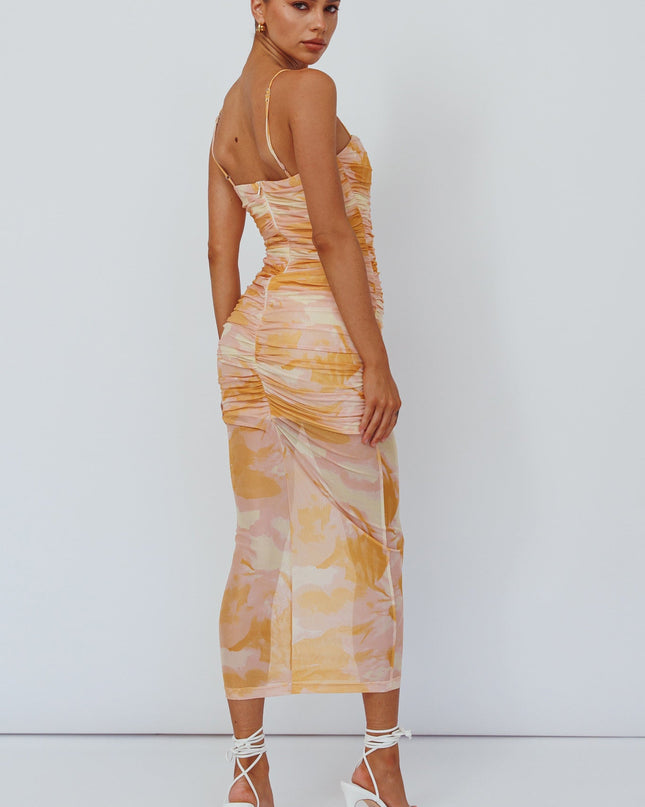 Yellow Cami Strap Midi Dress Floral