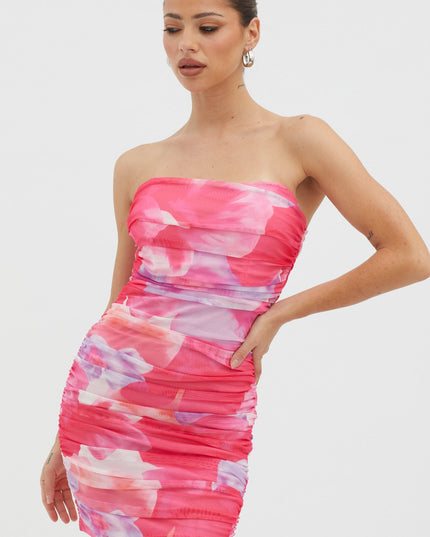 Pink Strapless Ruched Dress Floral