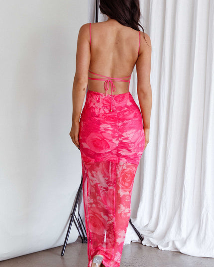 Pink Backless Midi Dress Rose Print