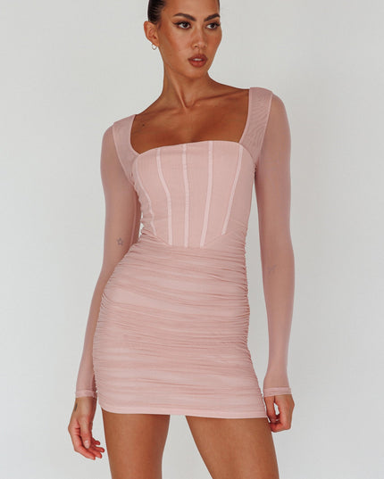 Blush Long Sleeve Ruched Mini Dress