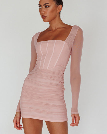 Blush Long Sleeve Ruched Mini Dress
