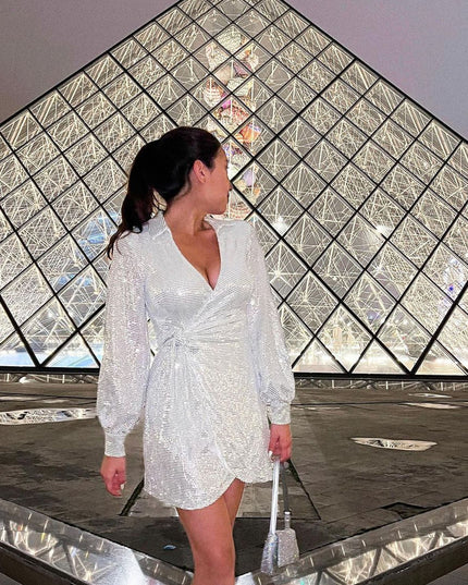 Silver Faux Wrap Shirt Dress Sequin