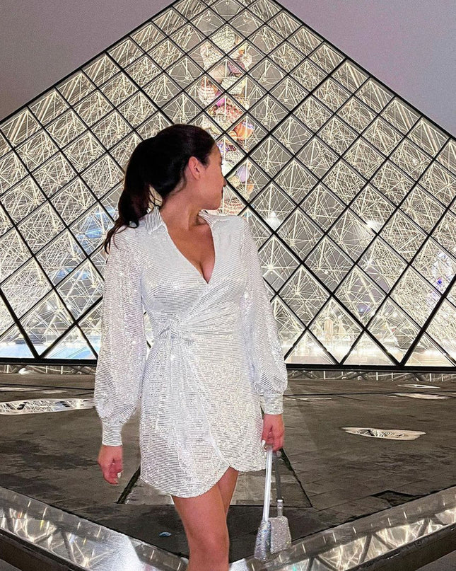 Silver Faux Wrap Shirt Dress Sequin