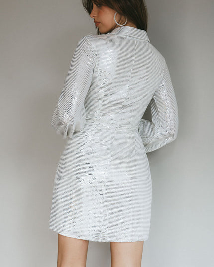 Silver Faux Wrap Shirt Dress Sequin