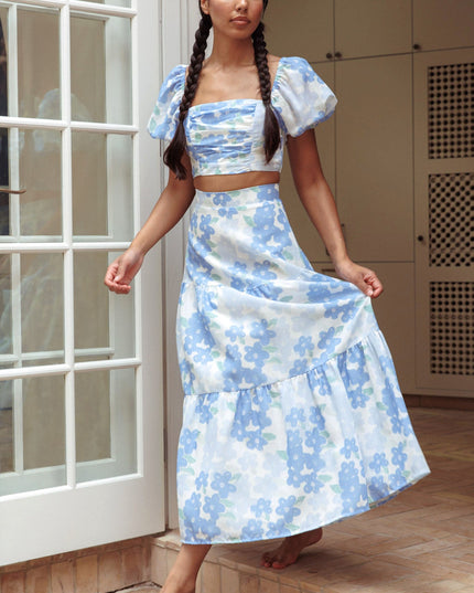 Blue Puff Sleeve Crop Top Floral