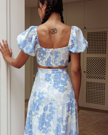 Blue Puff Sleeve Crop Top Floral