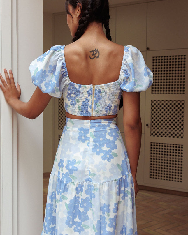 Blue Puff Sleeve Crop Top Floral