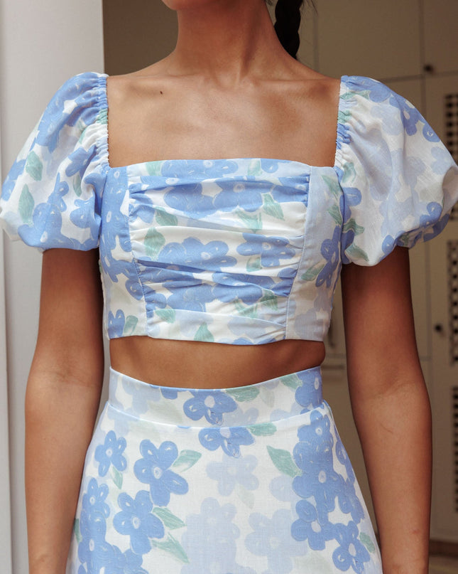 Blue Puff Sleeve Crop Top Floral