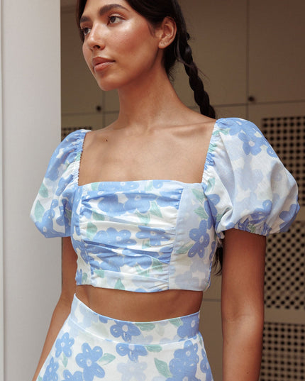 Blue Puff Sleeve Crop Top Floral