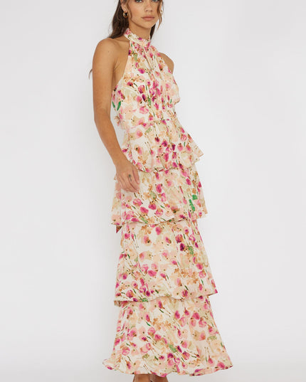 Pink Tiered Halterneck Dress