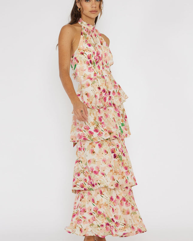 Pink Tiered Halterneck Dress