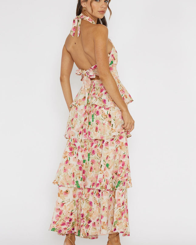 Pink Tiered Halterneck Dress