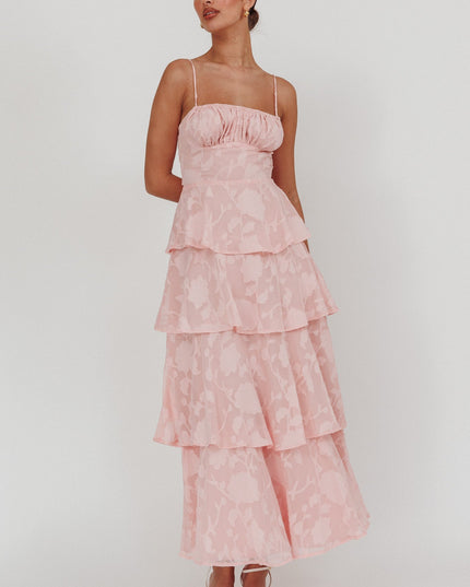 Pink Tiered Maxi Dress Jacquard