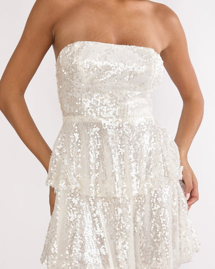 White Tiered Sequin Mini Dress