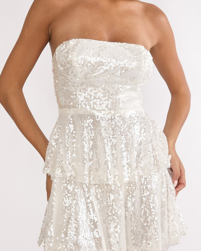 White Tiered Sequin Mini Dress