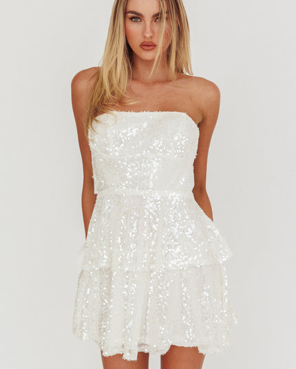 White Tiered Sequin Mini Dress