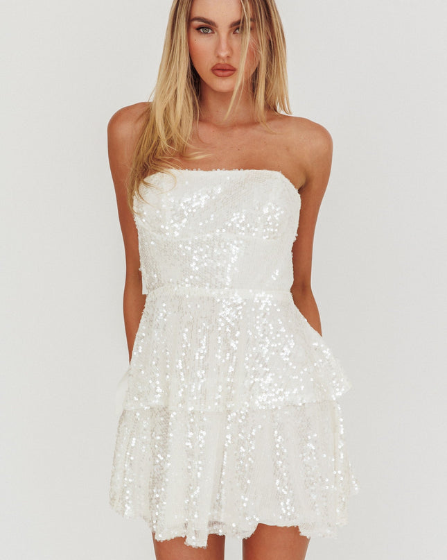 White Tiered Sequin Mini Dress