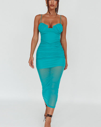 Green Ruched Mesh Midi Dress
