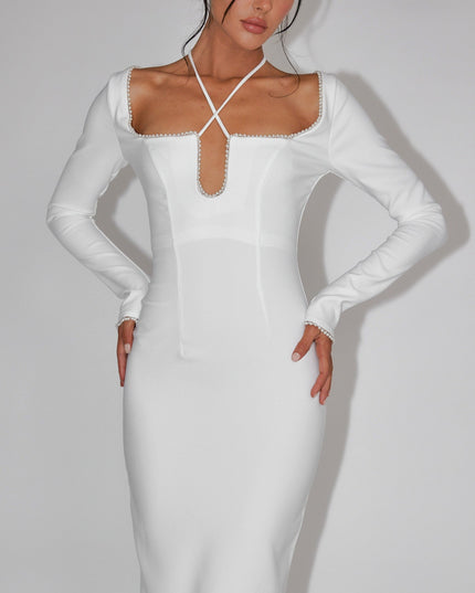 White Pearl Trim Midi Dress