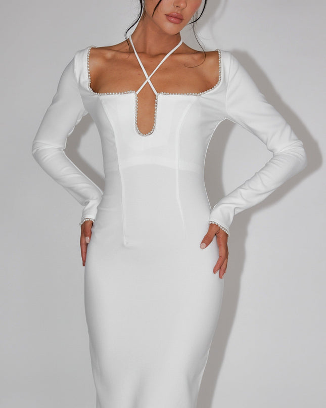 White Pearl Trim Midi Dress