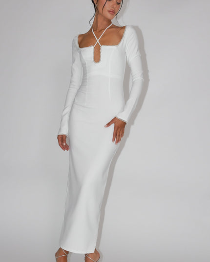White Pearl Trim Midi Dress