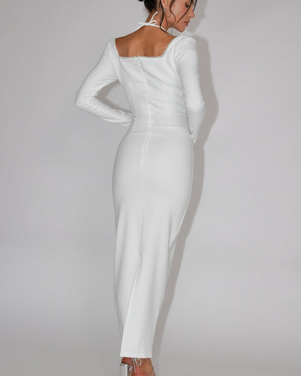 White Pearl Trim Midi Dress