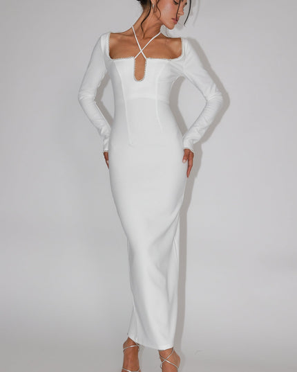 White Pearl Trim Midi Dress