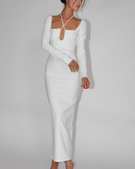White Pearl Trim Midi Dress