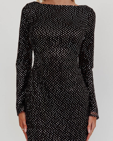 Black Long Sleeve Open Back Mini Dress Spangle