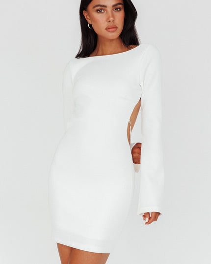 White Long Sleeve Open Back Mini Dress