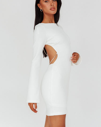 White Long Sleeve Open Back Mini Dress