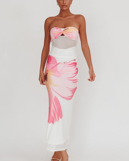 White Sheer Waist Floral Maxi Dress