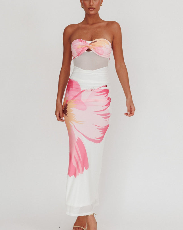White Sheer Waist Floral Maxi Dress