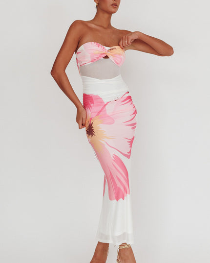 White Sheer Waist Floral Maxi Dress
