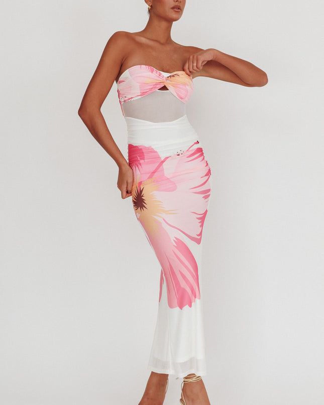 White Sheer Waist Floral Maxi Dress