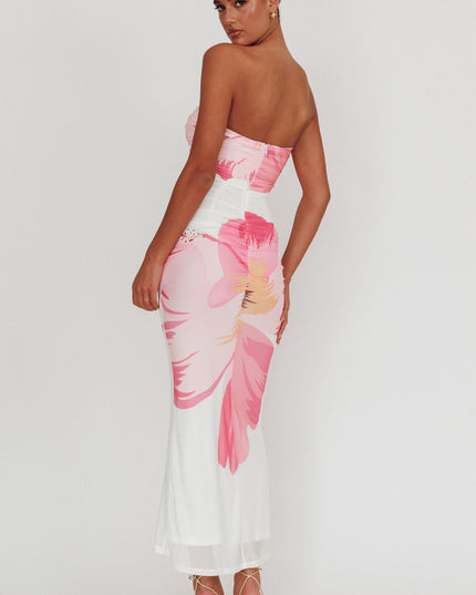White Sheer Waist Floral Maxi Dress