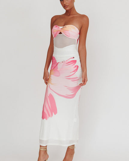 White Sheer Waist Floral Maxi Dress