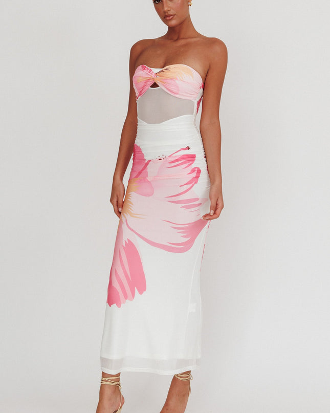 White Sheer Waist Floral Maxi Dress