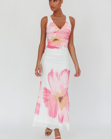 White/Pink V-Neck Mesh Maxi Dress Hibiscus