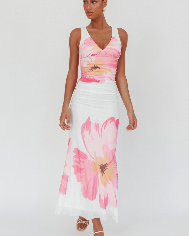 White/Pink V-Neck Mesh Maxi Dress Hibiscus
