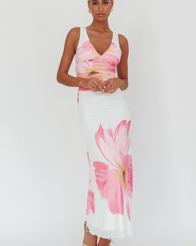 White/Pink V-Neck Mesh Maxi Dress Hibiscus