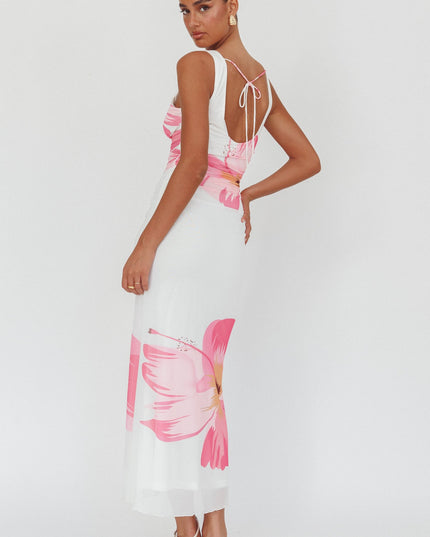 White/Pink V-Neck Mesh Maxi Dress Hibiscus