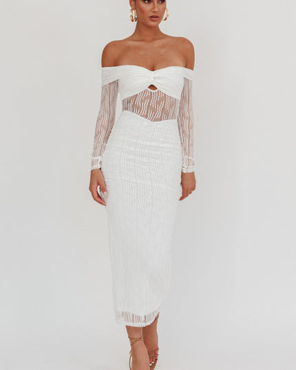 White Off-Shoulder Mesh Maxi Dress