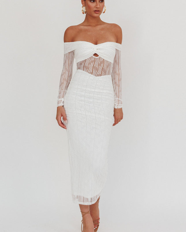 White Off-Shoulder Mesh Maxi Dress