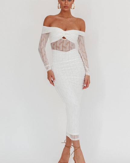 White Off-Shoulder Mesh Maxi Dress
