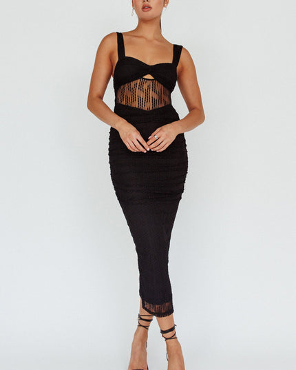 Black Embroidered Mesh Midi Dress