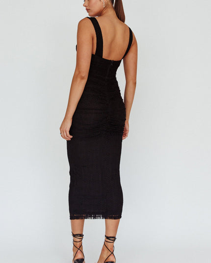 Black Embroidered Mesh Midi Dress